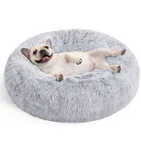 Songmics Lit pour chien et chat, coussin en forme de beignet, lavable, rembourrage central amovible, peluche longue, diamètre 70 cm, gris