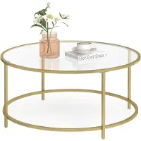 Vasagle Table basse avec structure en fer doré Ø84 x 45,5 cm ronde table en verre verre trempé robuste table basse stable table de salon décorative or LGT21G