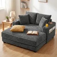 SUGIFT Canapé-lit 2 places de type chaise longue avec porte-gobelets, revêtement en velours côtelé et ressorts ensachés, gris | 151 x 134 x 89 cm | Rembourrage de 25 cm | Profondeur d'assise de 123 cm