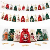 OEM Calendrier de l'Avent à remplir - 24 petits sacs en tissu avec des pinces en bois et 10 mètres de ficelle - Ensemble pour calendrier de Noël - Rouge, vert, gris