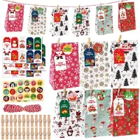 OEM Kit de calendrier de l'Avent à remplir : 24 sachets en papier avec des autocollants et des pinces en bois, décorés avec des motifs de sapin de Noël, de flocons de neige et de Père Noël