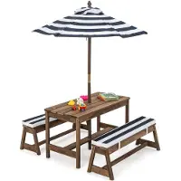 Goplus Table d'extérieur pour enfants avec bancs, coussins et parasol, en bois, de couleur bleue