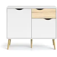 CALICOSY - Petit buffet 2 portes, 1 tiroir blanc etReproduction chêne L98,7 cm - BILLUND