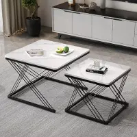OKWISH Tables Basses Gigognes Carrées - Ensemble de 2 Tables Effet Marbre avec Pieds Réglables, MDF Blanc et Noir, 60×60×45 & 45×45×40 cm