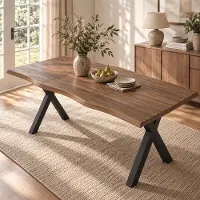 Flieks Table rectangulaire pour 4 à 6 personnes, table de salle à manger ou de cuisine avec pieds en forme de "X", table pour salon et salle à manger, en noyer