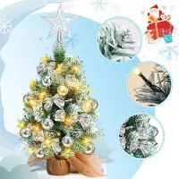 Peviasot Arbre de Noël miniature , 40 cm, argenté, avec 30 LED, 50 branches, base en bois, étoile, boules, rubans et boîtes cadeaux