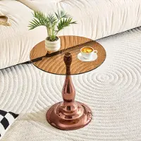 Ninkear Table d'appoint ronde, en verre, avec plateau trempé, base stable, compacte, table de salon (marron)
