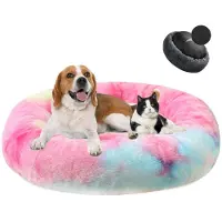 Sonstiges Lit pour chien en forme de donut, en peluche, lavable, doux, diamètre 90 cm, couleur rose