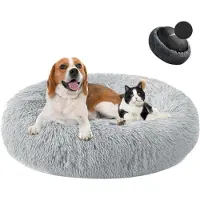Sonstiges Lit pour chien en forme de donut, en peluche, lavable, gris, diamètre 50 cm