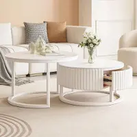 Sonstiges Table basse ronde en marbre blanc avec espace de rangement et tiroir, lot de 2