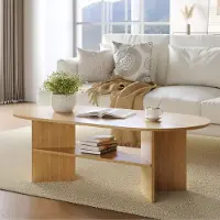 Sonstiges Table basse, table d'appoint, ovale, en bois, finition chêne naturel, dimensions : 120 x 60 x 40 cm, à deux niveaux
