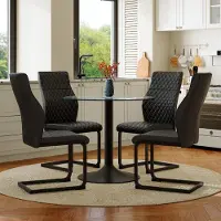Ninkear Ensemble table et chaises, table en verre (diamètre 85 cm), 4 chaises en polyuréthane, motif losange en relief (noir, transparent)