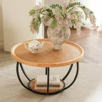 Sonstiges Table basse ronde, diamètre 80 cm, aspect bois, structure métallique, 2 niveaux, bord surélevé