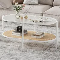 Sonstiges Table basse ovale en verre et en rotin, avec deux niveaux, et structure en métal blanc