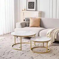 Sonstiges Ensemble de deux tables basses rondes, avec plateau en céramique blanche et dorée, de 50 cm et 70 cm de diamètre