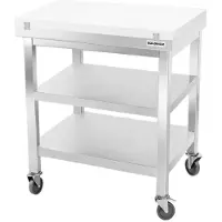 GOLDINOX Table de travail en inox 700x600 mm avec plaque de découpe blanche et 2 étagères sur roulettes PREMIUM -
