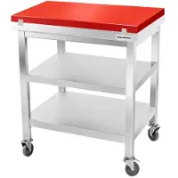 GOLDINOX Table de travail en inox 800x700 mm avec plaque de découpe rouge et 2 étagères sur roulettes PREMIUM -