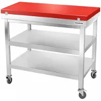 GOLDINOX Table de travail en inox 1200x700 mm avec plaque de découpe rouge et 2 étagères sur roulettes PREMIUM -