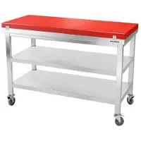 GOLDINOX Table de travail en inox 1600x600 mm avec plaque de découpe rouge et 2 étagères sur roulettes PREMIUM -