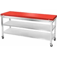 GOLDINOX Table de travail en inox 1800x600 mm avec plaque de découpe rouge et 2 étagères sur roulettes PREMIUM -