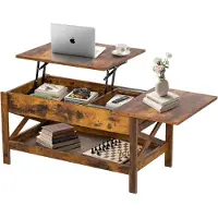 Sonstiges Table basse en bois, réglable en hauteur, avec espace de rangement et plateau relevable, de couleur orange