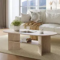 Sonstiges Table basse, table d'appoint, ovale, en bois et travertin, dimensions : 120 x 60 x 40 cm, à deux niveaux