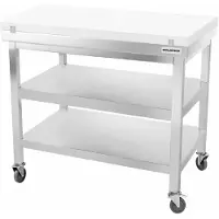 GOLDINOX Table de travail en inox 1000x700 mm avec plaque de découpe blanche et 2 étagères sur roulettes PREMIUM -
