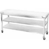 GOLDINOX Table de travail en inox 1800x600 mm avec plaque de découpe blanche et 2 étagères sur roulettes PREMIUM -