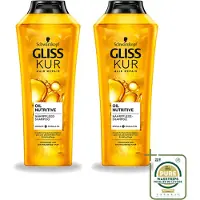 GLISS 2 flacons de shampooing nourrissant à l'huile Kur pour cheveux secs et abîmés, 400 ml chacun - Pack économique - 2 pièces