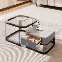 Fortuna Table basse carrée (set de 2), table de salon brillante avec effet marbre et plateau en verre, table d'appoint moderne avec espace de rangement, pour le salon, le balcon et le bureau, gris et noir