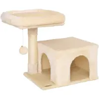 Merkloos Arbre à chat de 50 cm, avec une cachette, une balle en peluche, une corde en sisal et un revêtement en peluche douce, de couleur beige, pour chats