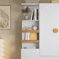 Flieks Armoire avec tiroirs et portes, meuble multifonctionnel avec barre de penderie, armoire de rangement avec étagères, dimensions : 125x50x180 cm, couleur : blanc et bois naturel, matériau : MDF