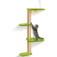 Merkloos Panneau griffoir à fixer au mur, 125 cm, comprenant un panneau griffoir, une colonne griffoir, 4 niveaux, en bois naturel avec un revêtement en peluche verte douce. Idéal pour les chats