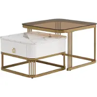 Fortuna Lai Lot de 2 tables basses, aspect marbre et plateau en verre, accents dorés, 1 tiroir, blanc