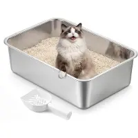 Feandrea Litière pour chat , en acier inoxydable, ouverte, avec pelle, taille M, 50 x 35 x 15 cm