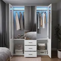 UnboxG Armoire de 130 cm avec éclairage LED, armoire à 4 portes avec miroir, 3 tiroirs, armoire blanche pour chambre