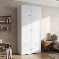 Flieks Armoire avec barre de suspension et portes, meuble de rangement avec compartiments, meuble haut avec espace de rangement, dimensions 90 x 50 x 200 cm, blanc, en panneaux de particules