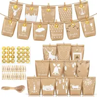Sonstiges Calendrier de l'Avent à remplir, 24 pièces, dimensions 21,5 x 17 cm, en papier kraft, couleurs Morandi, avec attaches en bois, corde en jute et autocollants numérotés pour l'année 2026
