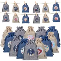 Sonstiges Calendrier de l'Avent à remplir, comprenant 24 petits sacs en jute, de couleurs bleu, gris et kaki, de dimensions 13x18 cm, avec des pinces en bois et du fil
