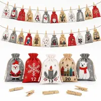 Sonstiges Calendrier de l'Avent : 24 sacs à remplir, dimensions 13x18 cm, avec cordon et pinces. Design scandinave