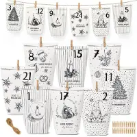 Sonstiges Calendrier de l'Avent à remplir pour 2026, comprenant 24 kits de bricolage, des sacs en papier blancs avec des détails noirs, ainsi que des pinces en bois et du cordage en jute