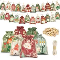 Tina Calendrier de l'Avent en tissu, grand format, avec 24 petits sacs multicolores, des pinces en bois et une corde, modèle 2026