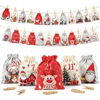 Sonstiges Calendrier de l'Avent à remplir : 24 petits sacs en tissu de 15x20 cm, avec des pinces en bois et du fil, dans les couleurs rouge, gris et beige. Modèle 2026