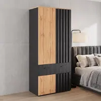 Flieks Armoire avec tiroirs, penderie avec barre de suspension et étagères, meuble haut à motifs horizontaux, dimensions 90x50x200 cm, couleur bois naturel et noir, matériau : bois