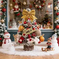 Merkloos Arbre de Noël artificiel de 45 cm - Mini arbre de Noël - Décoration de table - Décorations orange et rouges - Ruban/Décoration - Parfait pour Noël