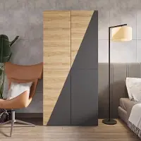 Flieks Armoire avec barre de suspension, commode avec boîtes de rangement et tiroirs, meuble haut avec porte-pantalon, dimensions 90x50x200 cm, couleur bois naturel et gris, matériau : bois