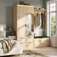 Flieks Armoire avec tiroirs et portes, penderie avec tringle et miroir, meuble d'entrée avec éclairage LED, dimensions : 180x47x200 cm, finition bois naturel, en MDF