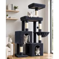 Merkloos Arbre à chat avec 2 maisons pour chats, une grande plateforme rembourrée, une barre de repos, des jouets, hauteur : 134 cm, pour chats