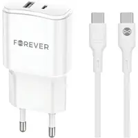 Forever TC-01-20AC PD QC charger 1x USB-C 1x USB 20W blanc + câble USB-C - USB-C 20W (20 W, 2 ports), Chargeur USB, Blanc