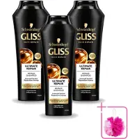 GLISS 3 flacons de shampooing Kur Ultimate Repair pour cheveux abîmés, 250 ml chacun - Pack économique - 3 pièces